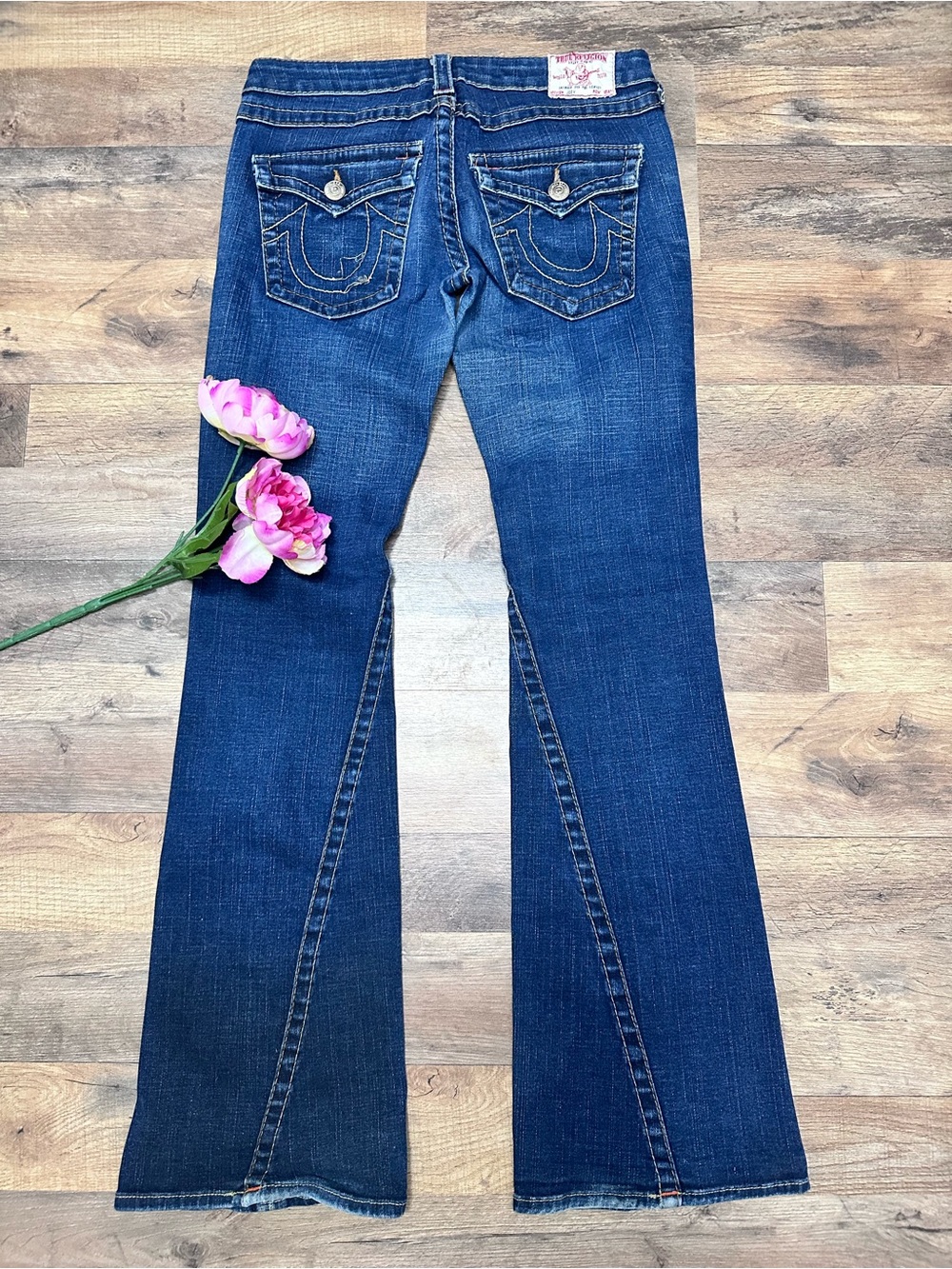 True Religion Blue Denim Flare Jeans with Signature Pocket Stitching